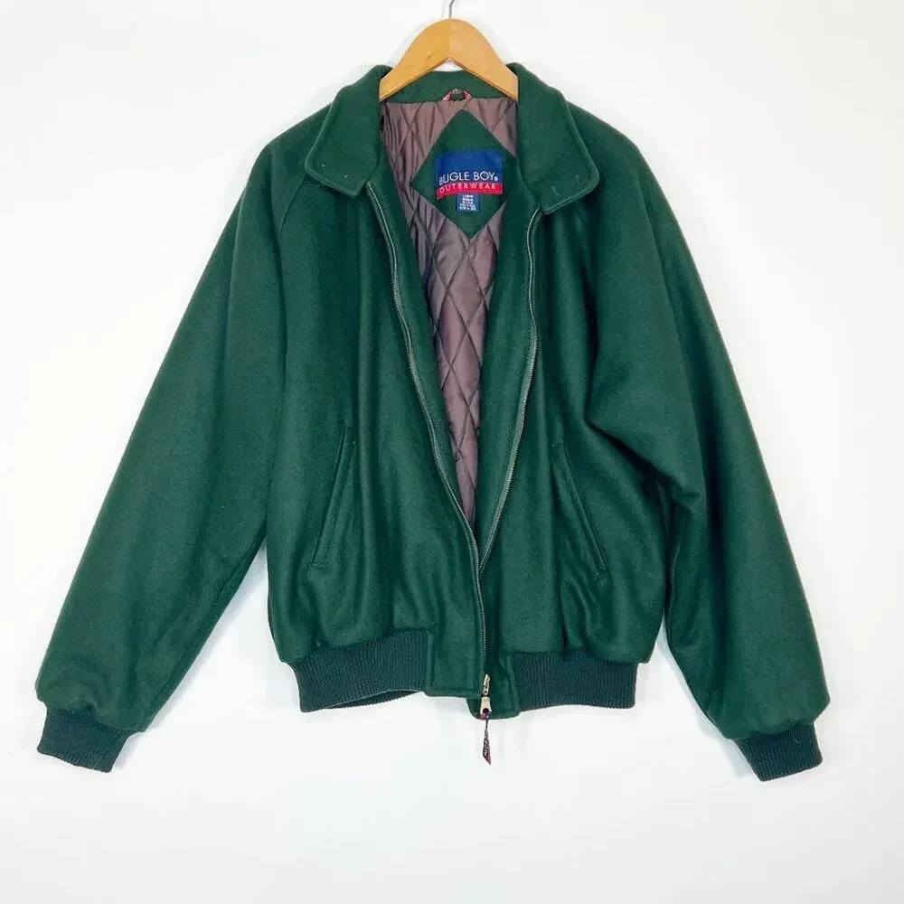 Vintage 90's Bugle Boy Hunter Green Wool Varsity Bomber Jacket Coat Mens M